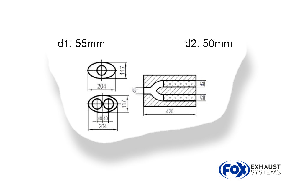 Fox Uni-Schalldämpfer oval zweiflutig mit Hose - Abwicklung 525 204x117mm, d1Ø 55mm  d2Ø 50mm, Länge: 420mm