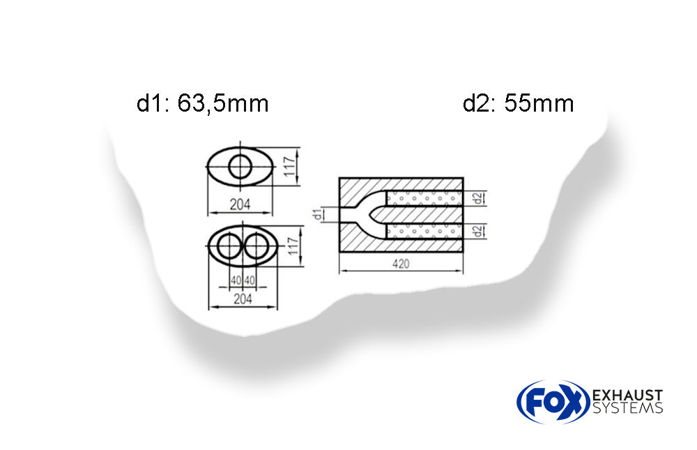 Fox Uni-Schalldämpfer oval zweiflutig mit Hose - Abwicklung 525 204x117mm, d1Ø 63,5mm  d2Ø 55mm, Länge: 420mm