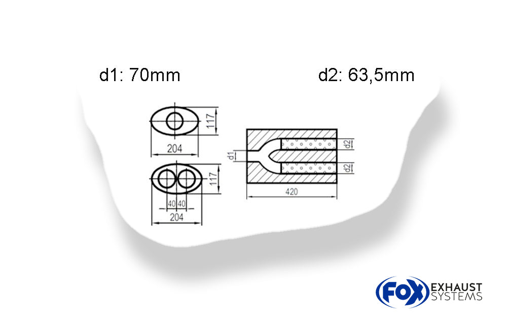 Fox Uni-Schalldämpfer oval zweiflutig mit Hose - Abwicklung 525 204x117mm, d1Ø 70mm  d2Ø 63,5mm, Länge: 420mm