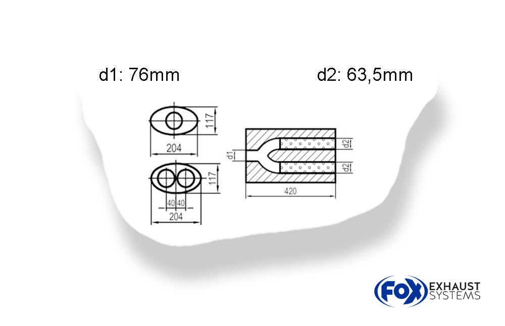 Fox Uni-Schalldämpfer oval zweiflutig mit Hose - Abwicklung 525 204x117mm, d1Ø 76mm  d2Ø 63,5mm, Länge: 420mm