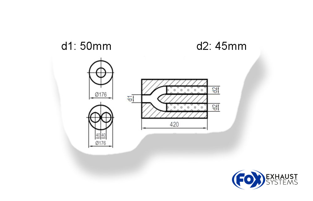 FoxUni-Schalldämpfer rund zweiflutig mit Hose- Abwicklung 556 Ø176mm, d1Ø 50mm außen, d2Ø 45mm außen, Länge: 420mm  -Ø176mm