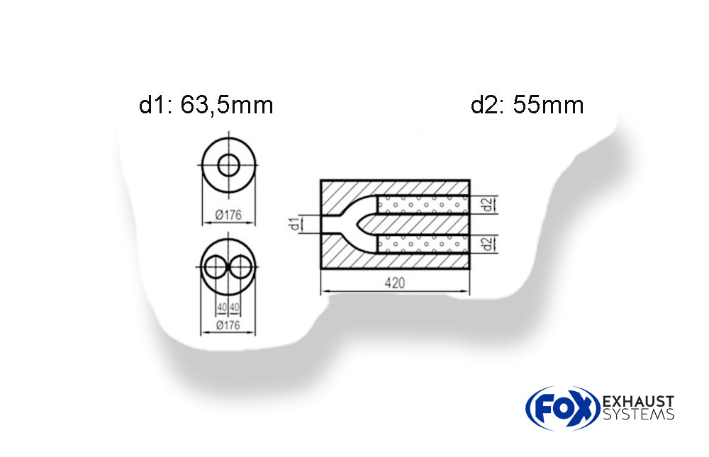 FoxUni-Schalldämpfer rund zweiflutig mit Hose- Abwicklung 556 Ø176mm, d1Ø 63,5mm außen, d2Ø 55mm außen, Länge: 420mm -Ø176mm