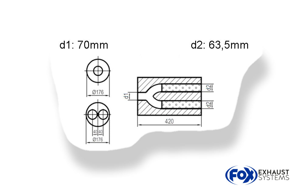 FoxUni-Schalldämpfer rund zweiflutig mit Hose- Abwicklung 556 Ø176mm, d1Ø 70mm außen, d2Ø 63,5mm außen, Länge: 420mm  -Ø176mm