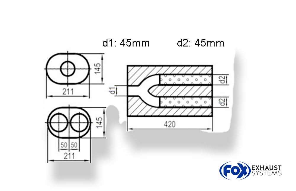 Fox Uni-Schalldämpfer oval zweiflutig mit Hose - Abwicklung 585 211x145mm, d1Ø 45mm  d2Ø 40mm, Länge: 420mm