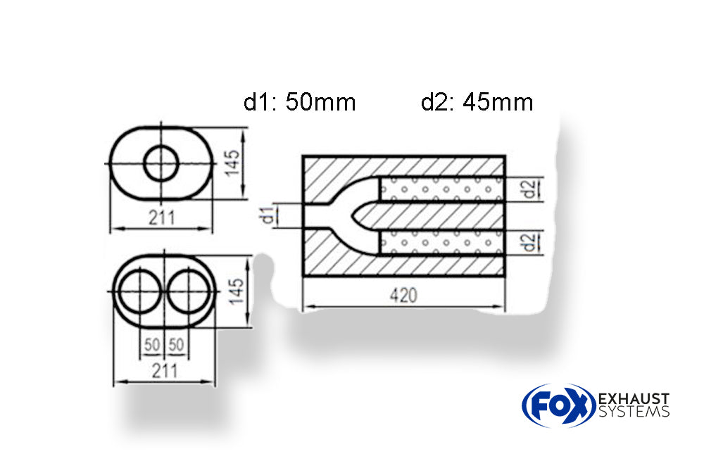 Fox Uni-Schalldämpfer oval zweiflutig mit Hose - Abwicklung 585 211x145mm, d1Ø 50mm  d2Ø 45mm, Länge: 420mm