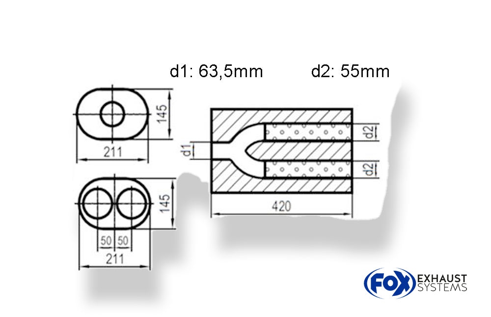 Fox Uni-Schalldämpfer oval zweiflutig mit Hose - Abwicklung 585 211x145mm, d1Ø 63,5mm  d2Ø 55mm, Länge: 420mm