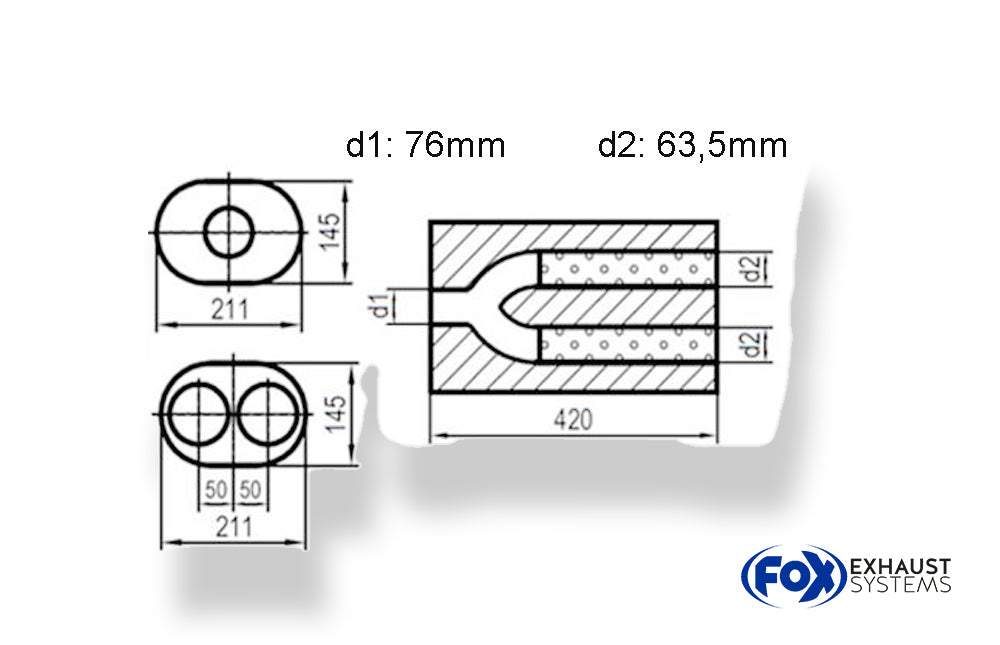 Fox Uni-Schalldämpfer oval zweiflutig mit Hose - Abwicklung 585 211x145mm, d1Ø 70mm  d2Ø 63,5mm, Länge: 420mm