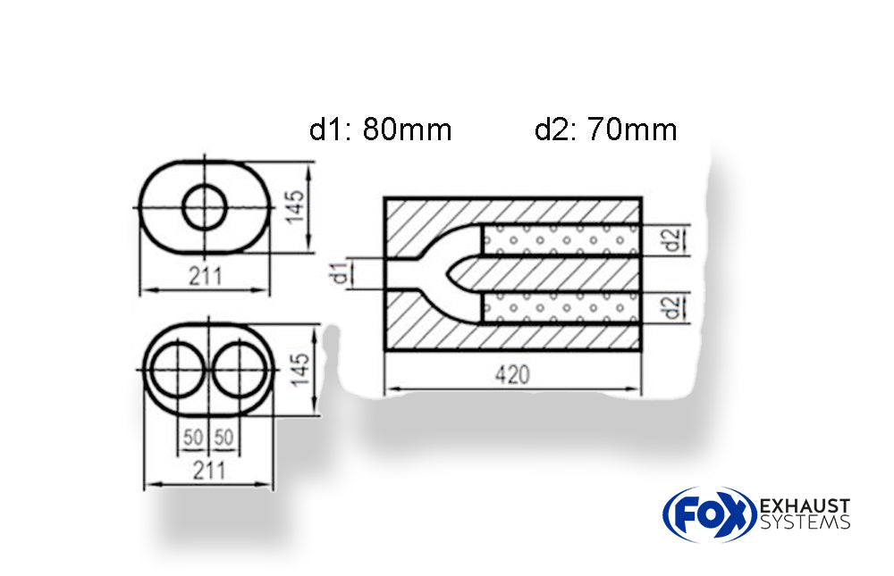 Fox Uni-Schalldämpfer oval zweiflutig mit Hose - Abwicklung 585 211x145mm, d1Ø 76mm  d2Ø 63,5mm, Länge: 420mm