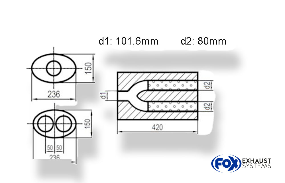 Fox Uni-Schalldämpfer oval zweiflutig mit Hose - Abwicklung 618 236x150mm, d1Ø 101,6mm außen - d2Ø 2x80mm außen, Länge: 420mm