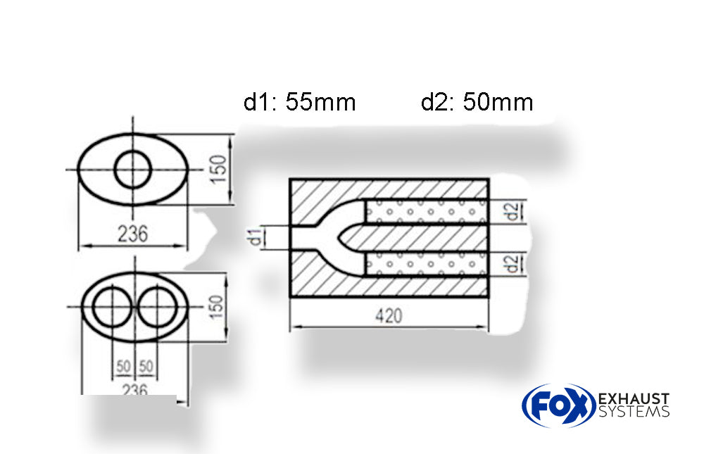 Fox Uni-Schalldämpfer oval zweiflutig mit Hose - Abwicklung 618 236x150mm, d1Ø 55mm  d2Ø 50mm, Länge: 420mm