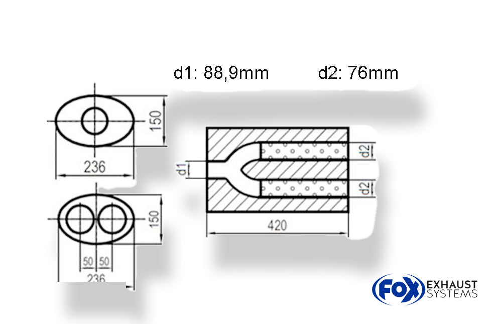 Fox Uni-Schalldämpfer oval zweiflutig mit Hose - Abwicklung 618 236x150mm, d1Ø 88,9mm außen - d2Ø 2x76mm außen, Länge: 420mm