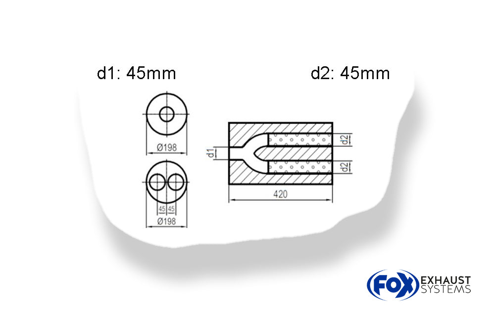 FoxUni-Schalldämpfer rund zweiflutig mit Hose - Abwicklung 626 Ø198mm, d1Ø 45mm  d2Ø 2x45mm, Länge: 420mm -Ø198mm