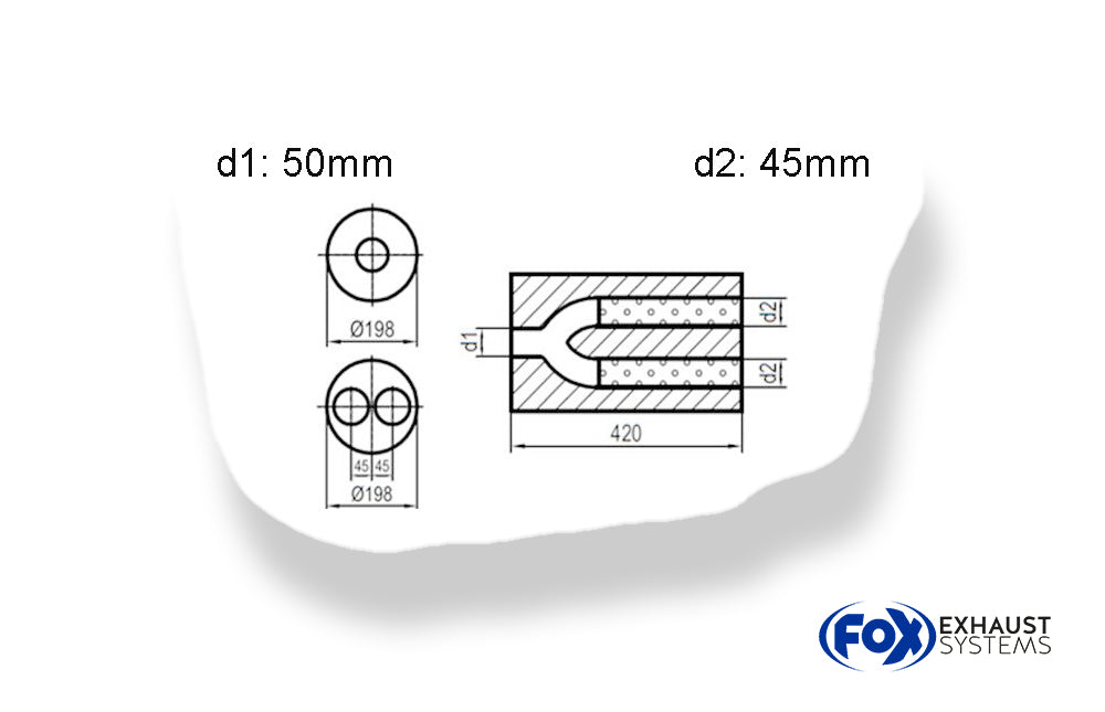 FoxUni-Schalldämpfer rund zweiflutig mit Hose - Abwicklung 626 Ø198mm, d1Ø 50mm  d2Ø 2x45mm, Länge: 420mm -Ø198mm