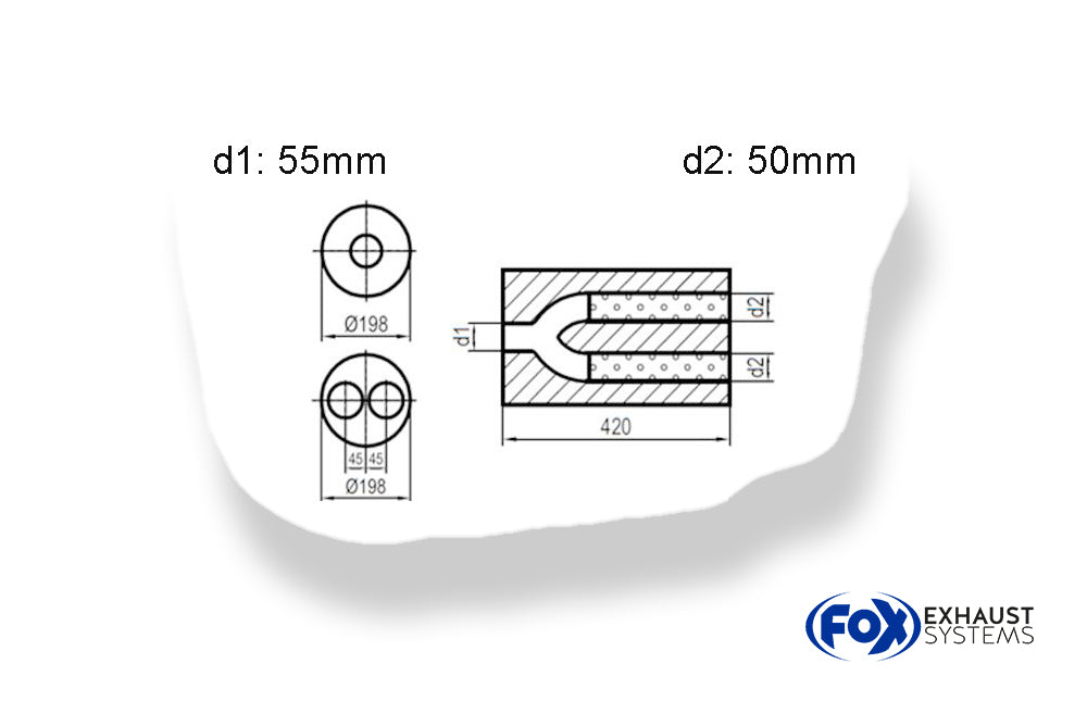 FoxUni-Schalldämpfer rund zweiflutig mit Hose - Abwicklung 626 Ø198mm, d1Ø 55mm  d2Ø 2x50mm, Länge: 420mm -Ø198mm