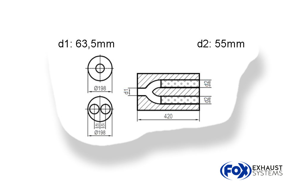 FoxUni-Schalldämpfer rund zweiflutig mit Hose - Abwicklung 626 Ø198mm, d1Ø 63,5mm  d2Ø 2x55mm, Länge: 420mm -Ø198mm