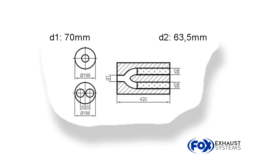 FoxUni-Schalldämpfer rund zweiflutig mit Hose - Abwicklung 626 Ø198mm, d1Ø 70mm  d2Ø 2x63,5mm, Länge: 420mm -Ø198mm