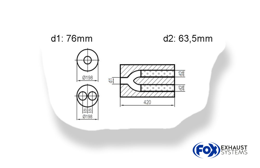 FoxUni-Schalldämpfer rund zweiflutig mit Hose - Abwicklung 626 Ø198mm, d1Ø 76mm  d2Ø 2x63,5mm, Länge: 420mm -Ø198mm