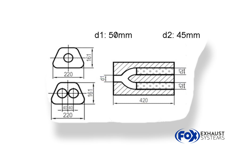 Fox Uni-Schalldämpfer trapezoid zweiflutig mit Hose - Abw. 644 220x161mm, d1Ø 50mm  d2Ø 45mm, Länge: 420mm