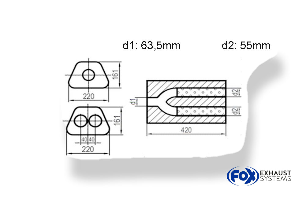 Fox Uni-Schalldämpfer trapezoid zweiflutig mit Hose - Abw. 644 220x161mm, d1Ø 63,5mm  d2Ø 55mm, Länge: 420mm