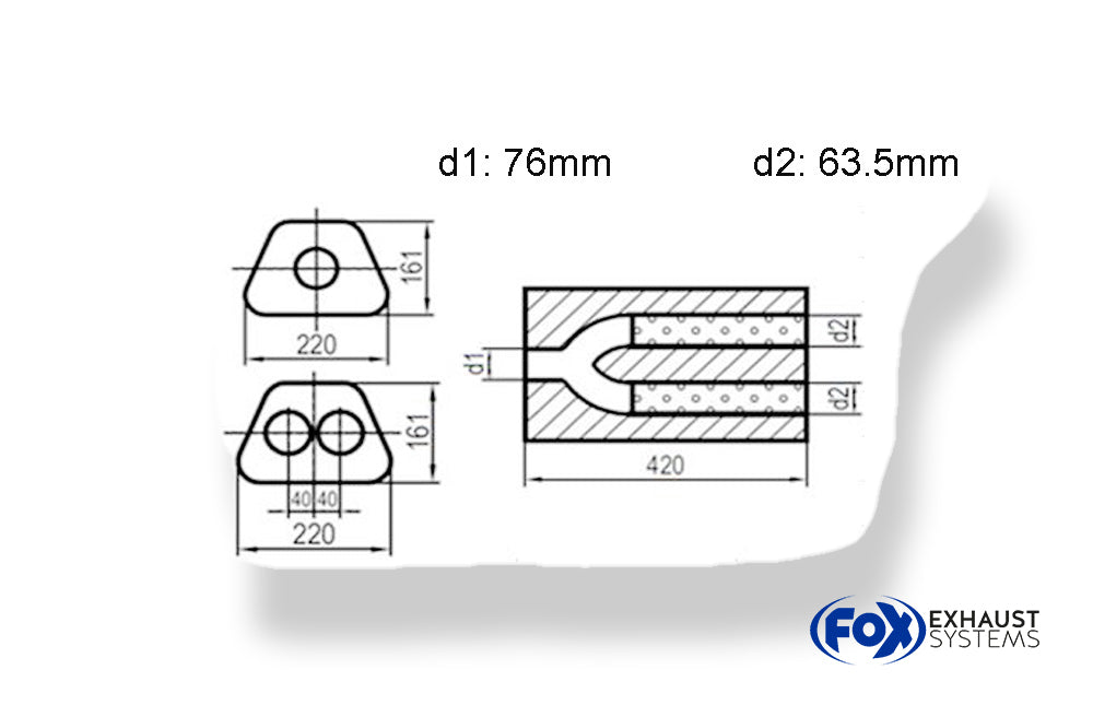 Fox Uni-Schalldämpfer trapezoid zweiflutig mit Hose - Abw. 644 220x161mm, d1Ø 76mm  d2Ø 63,5mm, Länge: 420mm