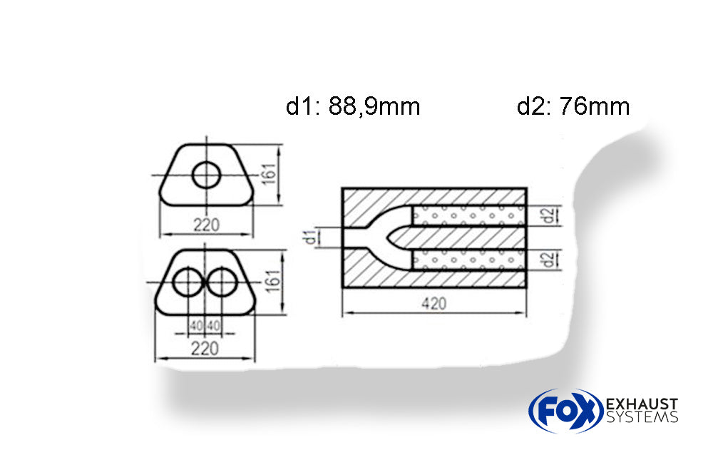 Fox Uni-Schalldämpfer trapezoid zweiflutig mit Hose - Abwicklung 220x161mm, d1: 88,9mm, d2: 76mm - Länge: 420mm