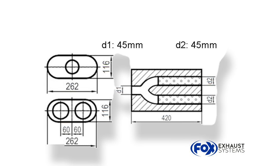 Fox Uni-Schalldämpfer oval zweiflutig mit Hose - Abwicklung 650 262x116mm, d1Ø 45mm  d2Ø 40mm, Länge: 420mm