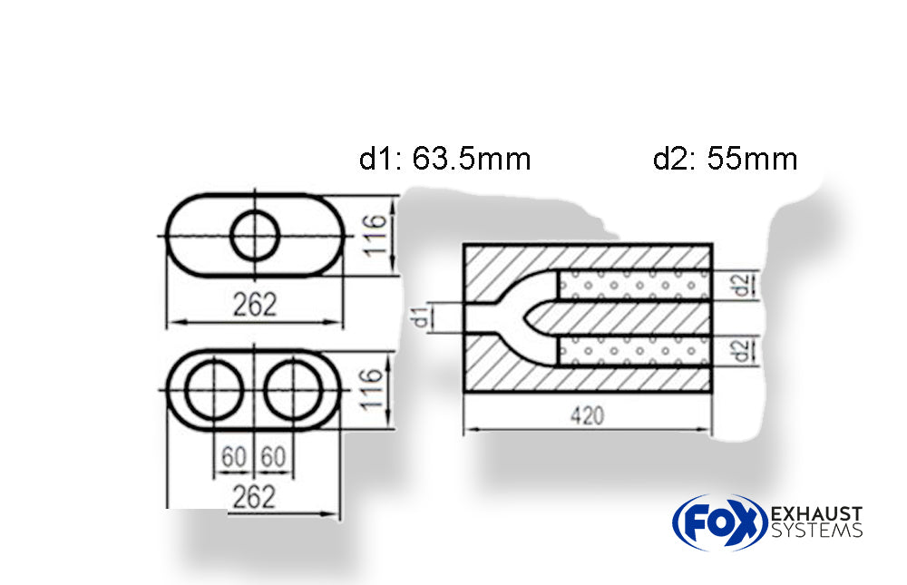 Fox Uni-Schalldämpfer oval zweiflutig mit Hose - Abwicklung 650 262x116mm, d1Ø 63,5mm  d2Ø 55mm, Länge: 420mm