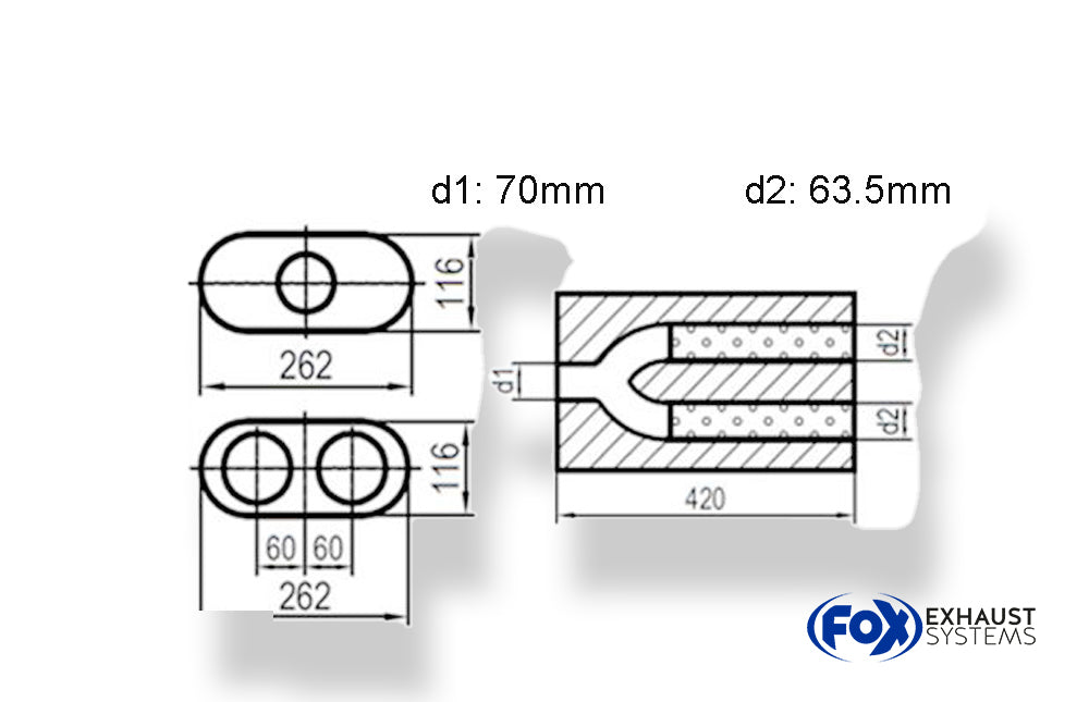 Fox Uni-Schalldämpfer oval zweiflutig mit Hose - Abwicklung 650 262x116mm, d1Ø 70mm  d2Ø 63,5mm, Länge: 420mm