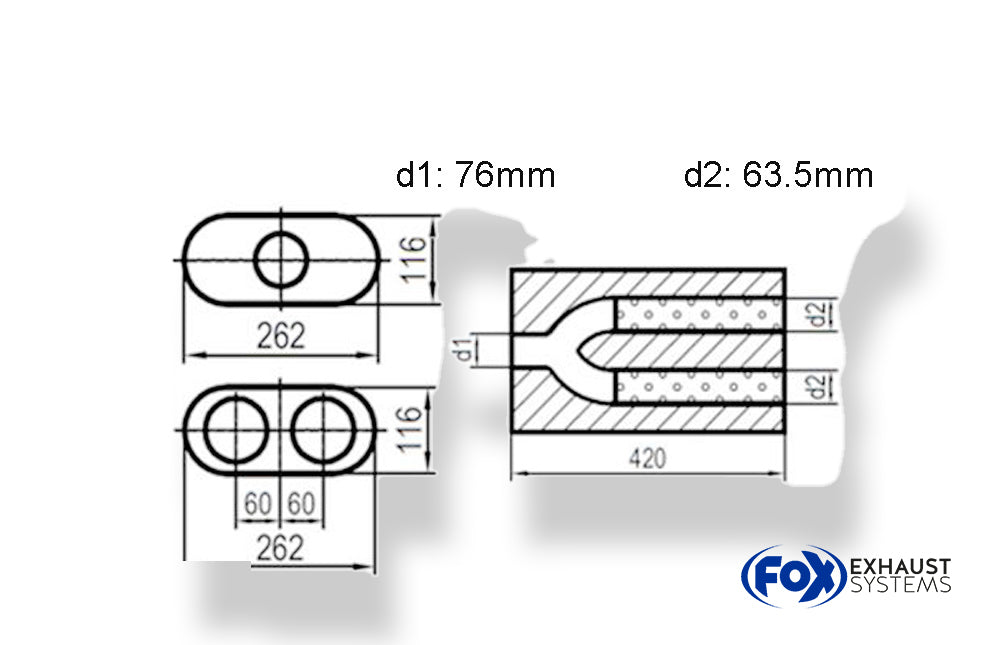 Fox Uni-Schalldämpfer oval zweiflutig mit Hose - Abwicklung 650 262x116mm, d1Ø 76mm  d2Ø 63,5mm, Länge: 420mm