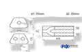 Fox Uni-Schalldämpfer trapezoid zweiflutig mit Hose - Abw. 711 245x175mm, d1Ø 55mm außen/ d2Ø 2x50mm außen - Länge: 420mm