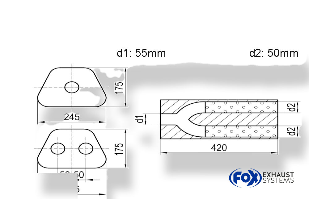 Fox Uni-Schalldämpfer trapezoid zweiflutig mit Hose - Abw. 711 245x175mm, d1Ø 55mm außen/ d2Ø 2x50mm außen - Länge: 420mm