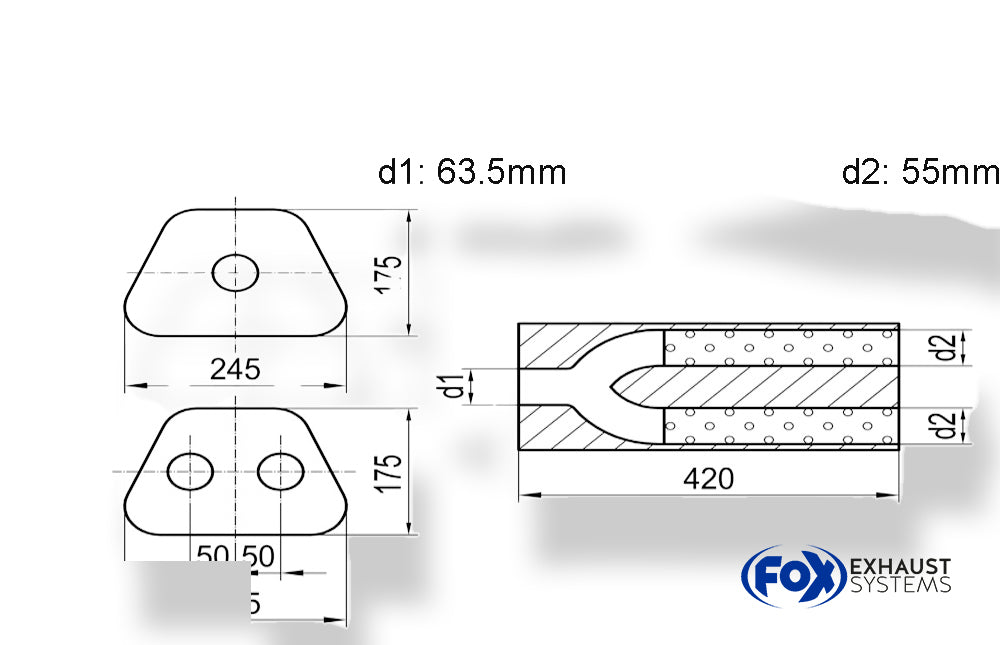 Fox Uni-Schalldämpfer trapezoid zweiflutig mit Hose - Abw. 711 245x175mm, d1Ø 63,5mm außen/ d2Ø 2x55mm außen - Länge: 420mm