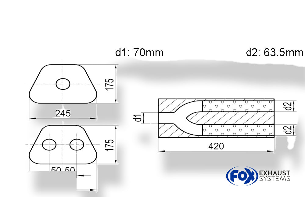 Fox Uni-Schalldämpfer trapezoid zweiflutig mit Hose - Abw. 711 245x175mm, d1Ø 70mm  d2Ø 60mm, Länge: 420mm