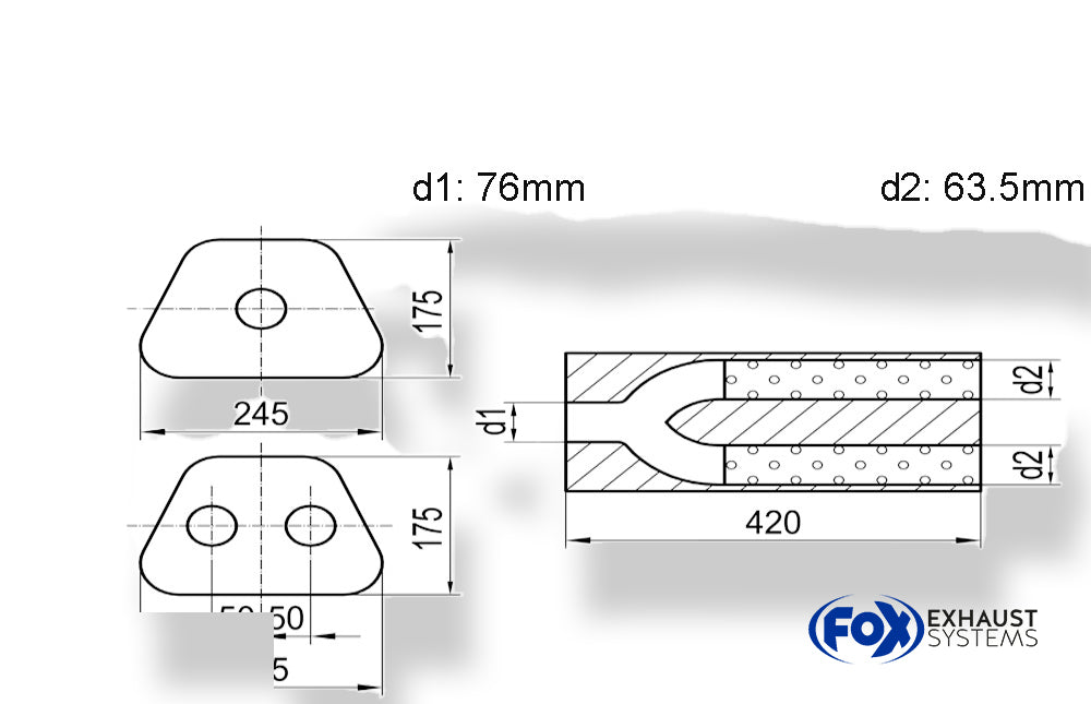 Fox Uni-Schalldämpfer trapezoid zweiflutig mit Hose - Abw. 711 245x175mm, d1Ø 76mm  d2Ø 63,5mm, Länge: 420mm