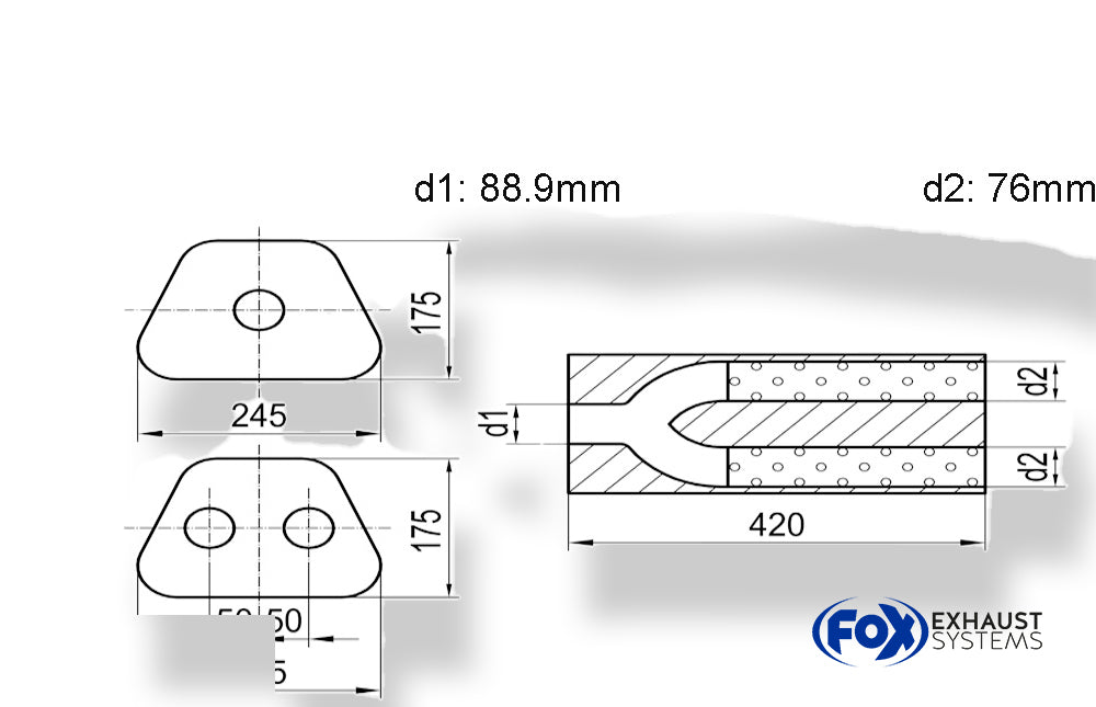 Fox Uni-Schalldämpfer trapezoid zweiflutig mit Hose - Abw. 711 245x175mm, d1Ø 88,9mm innen/ 2x d2Ø 70mm innen, Länge: 420mm