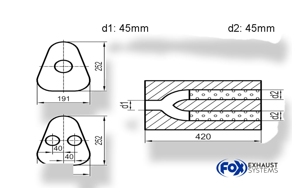 Fox Uni-Schalldämpfer Dreieckig zweiflutig - Abwicklung 725 191x252mm, d1Ø 45mm außen / d2Ø 2x45mm außen - Länge: 420mm