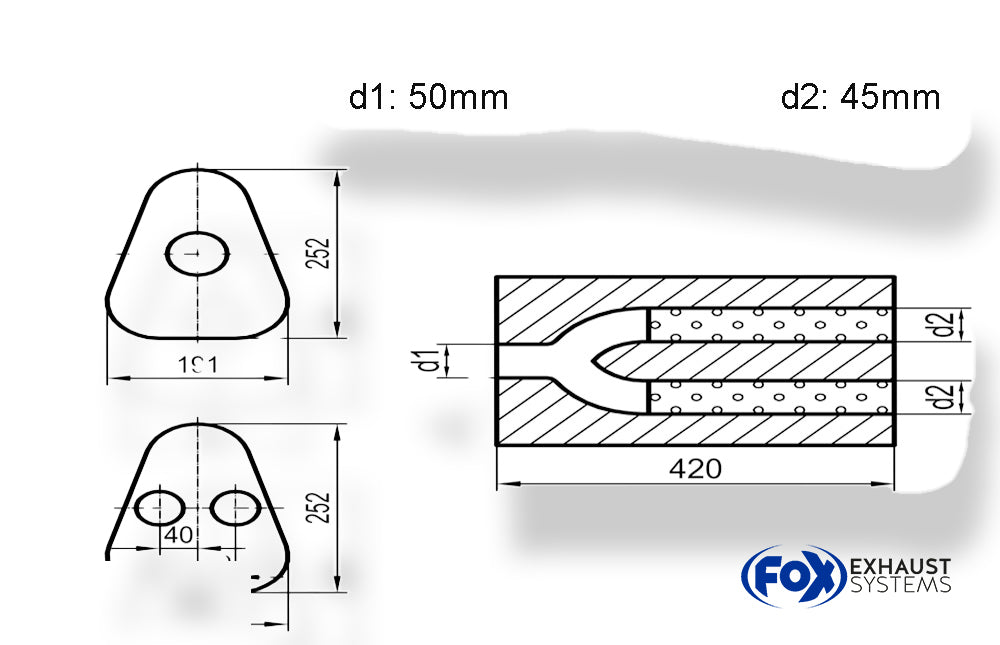 Fox Uni-Schalldämpfer Dreieckig zweiflutig - Abwicklung 725 191x252mm, d1Ø 50mm außen / d2Ø 2x45mm außen - Länge: 420mm