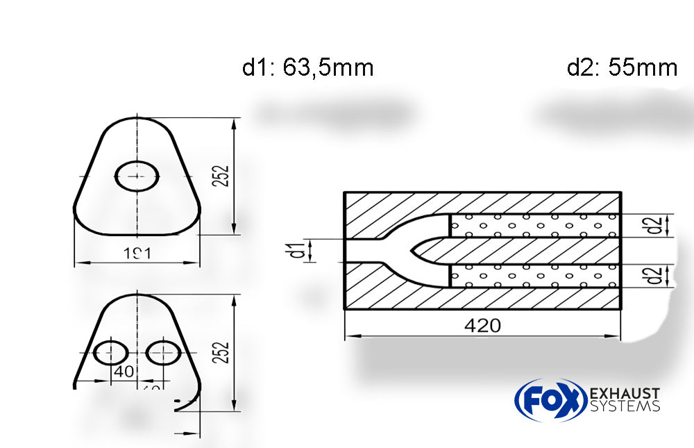 Fox Uni-Schalldämpfer Dreieckig zweiflutig - Abwicklung 725 191x252mm, d1Ø 63,5mm außen / d2Ø 2x55mm außen - Länge: 420mm