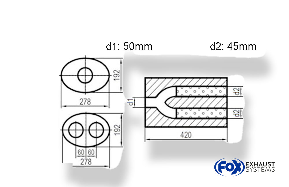Fox Uni-Schalldämpfer oval zweiflutig mit Hose - Abwicklung 754 278x192mm, d1Ø 50mm  d2Ø 45mm, Länge: 420mm