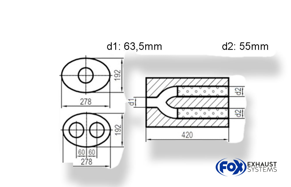 Fox Uni-Schalldämpfer oval zweiflutig mit Hose - Abwicklung 754 278x192mm, d1Ø 63,5mm  d2Ø 55mm, Länge: 420mm