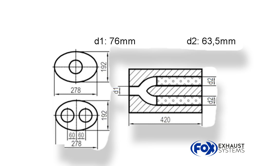 Fox Uni-Schalldämpfer oval zweiflutig mit Hose - Abwicklung 754 278x192mm, d1Ø 76mm  d2Ø 63,5mm, Länge: 420mm