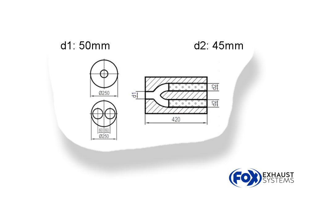 FoxUni-Schalldämpfer rund zweiflutig mit Hose - Abwicklung 784 Ø 250mm, d1: 50mm, d2: 45mm innen - Länge: 420mm -Ø250mm