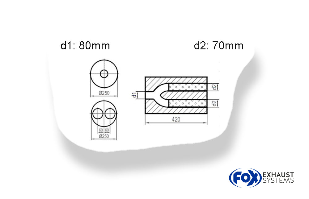 FoxUni-Schalldämpfer rund zweiflutig mit Hose - Abwicklung 784 Ø 250mm, d1: 76mm, d2: 63mm innen - Länge: 420mm -Ø250mm