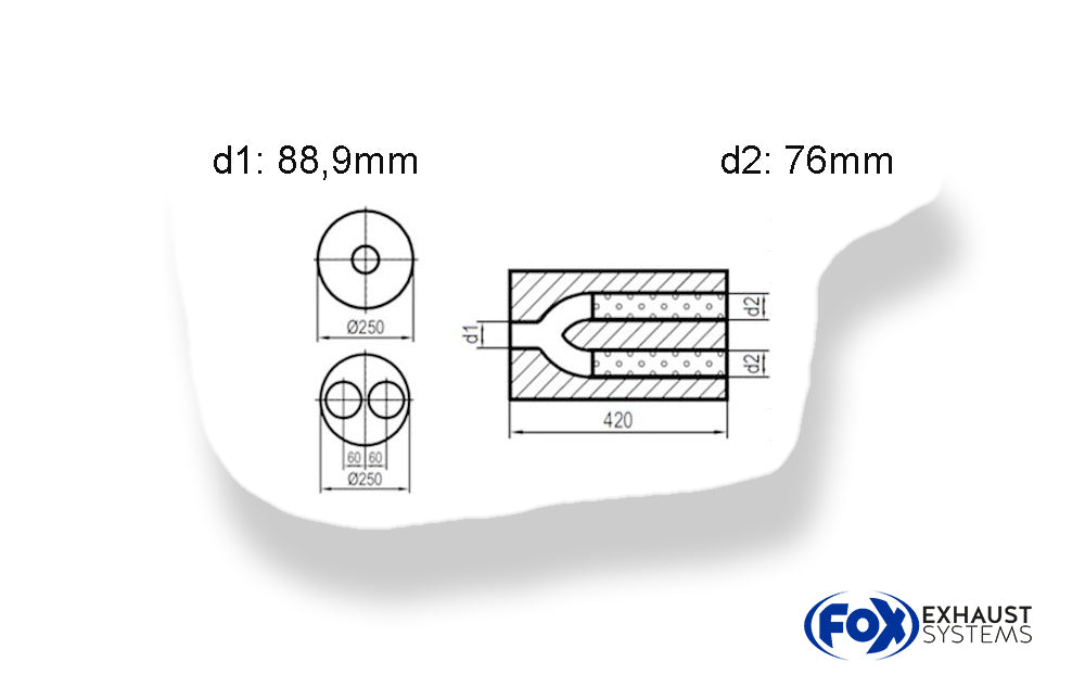 FoxUni-Schalldämpfer rund zweiflutig mit Hose - Abwicklung 784 Ø 250mm, d1: 80mm, d2: 70mm innen - Länge: 420mm -Ø250mm