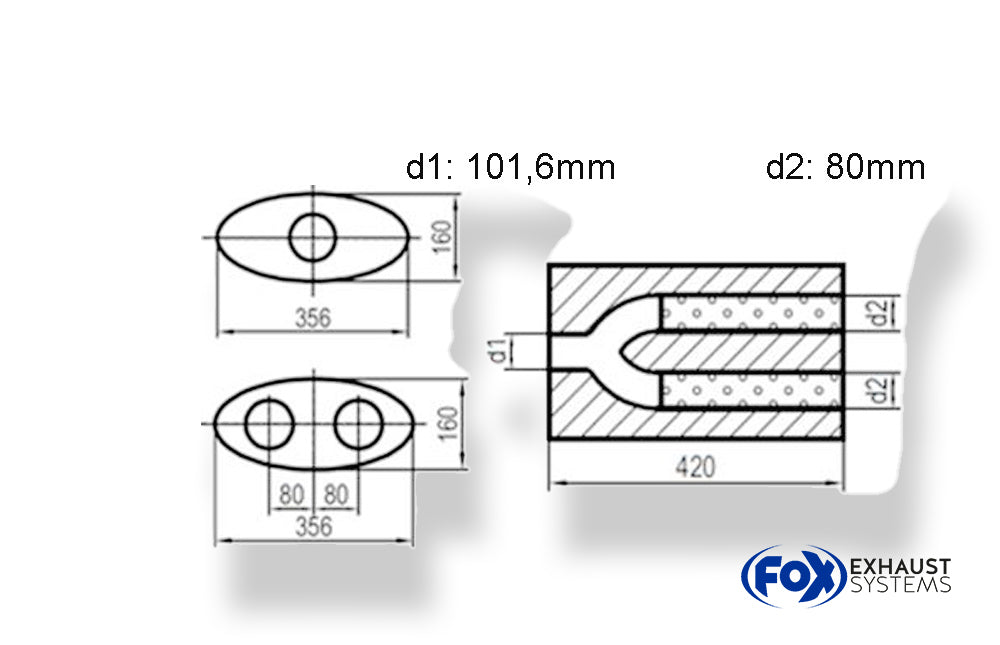 FoxUni-Schalldämpfer oval zweiflutig mit Hose - Abwicklung 818 356x160mm, d1Ø 101,6mm  d2Ø 80mm, Länge: 420mm