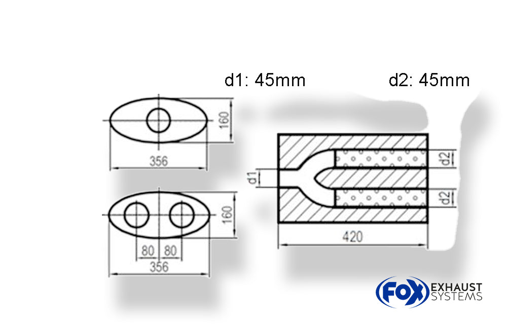 FoxUni-Schalldämpfer oval zweiflutig mit Hose - Abwicklung 818 356x160mm, d1Ø 45mm  d2Ø 40mm, Länge: 420mm