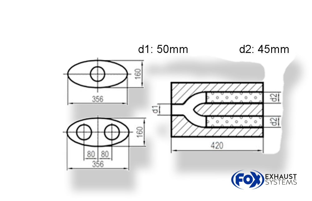 FoxUni-Schalldämpfer oval zweiflutig mit Hose - Abwicklung 818 356x160mm, d1Ø 50mm  d2Ø 45mm, Länge: 420mm