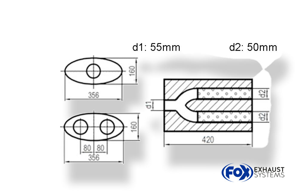 FoxUni-Schalldämpfer oval zweiflutig mit Hose - Abwicklung 818 356x160mm, d1Ø 55mm  d2Ø 50mm, Länge: 420mm