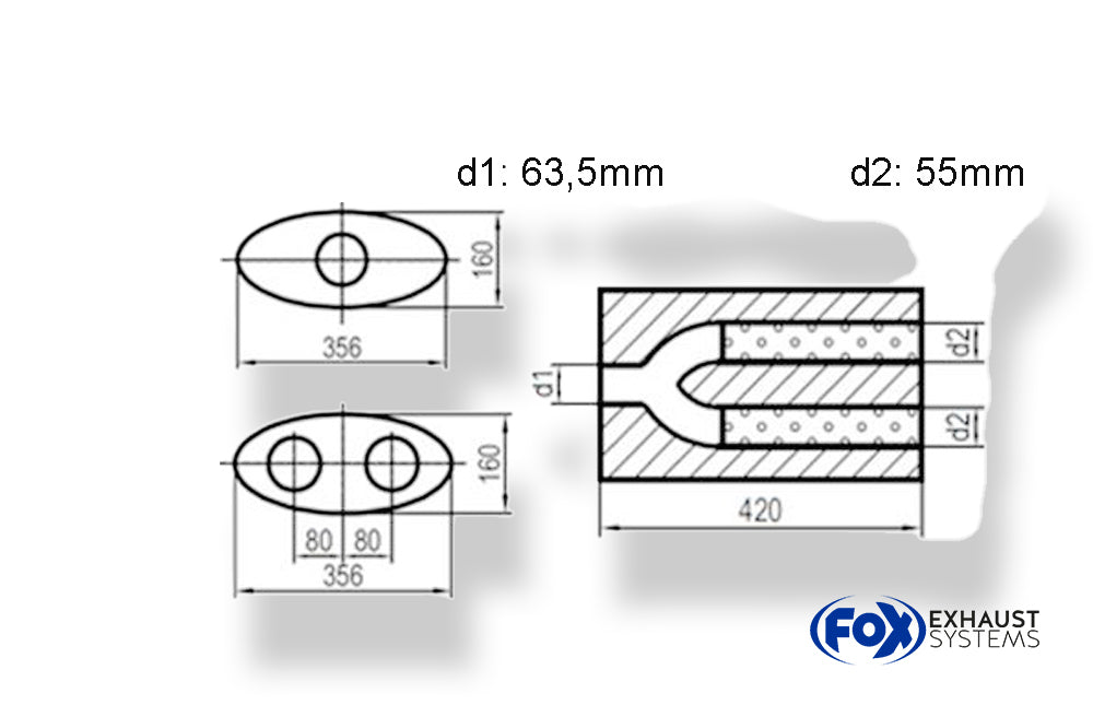 FoxUni-Schalldämpfer oval zweiflutig mit Hose - Abwicklung 818 356x160mm, d1Ø 63,5mm  d2Ø 55mm, Länge: 420mm
