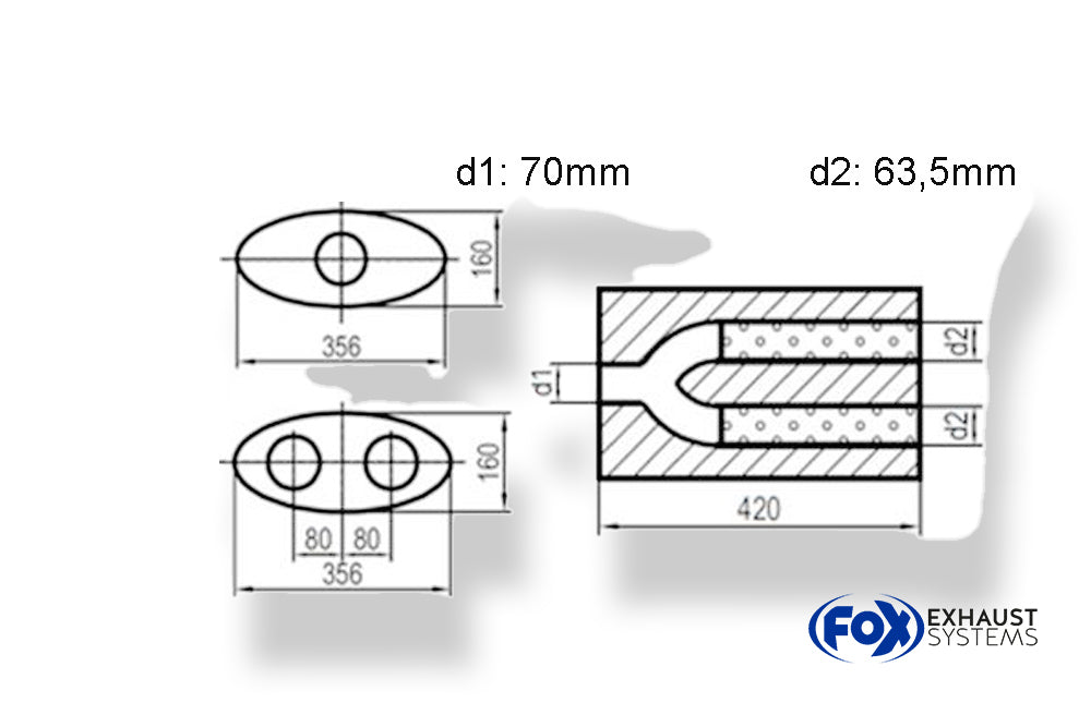 FoxUni-Schalldämpfer oval zweiflutig mit Hose - Abwicklung 818 356x160mm, d1Ø 70mm  d2Ø 60mm, Länge: 420mm